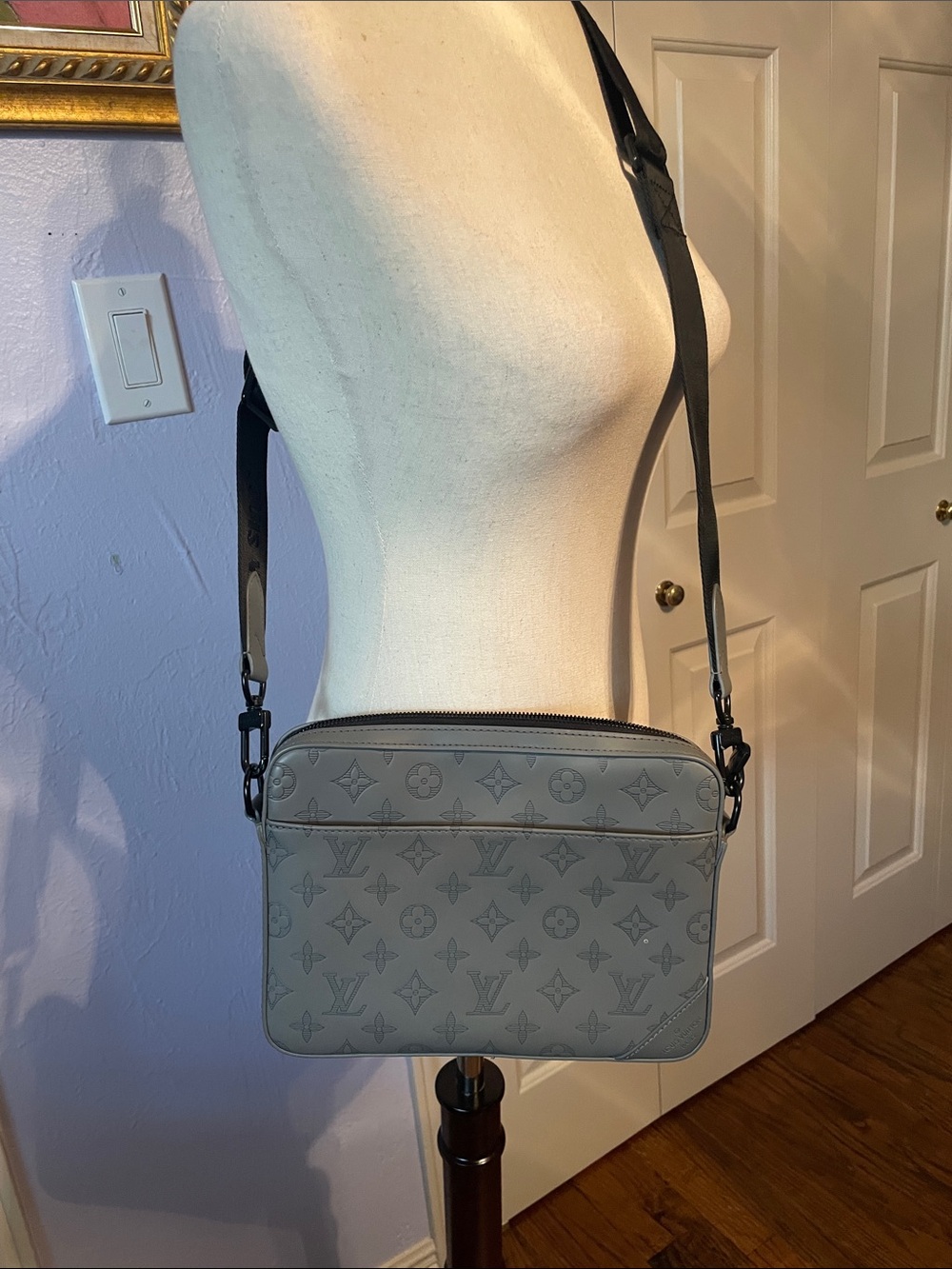 Gray Monogram Crossbody Bag with Black Strap